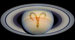 Foto de Saturno con símbolo de Aries superpuesto. Foto: NASA, ESA and E. Karkoschka (University of Arizona)